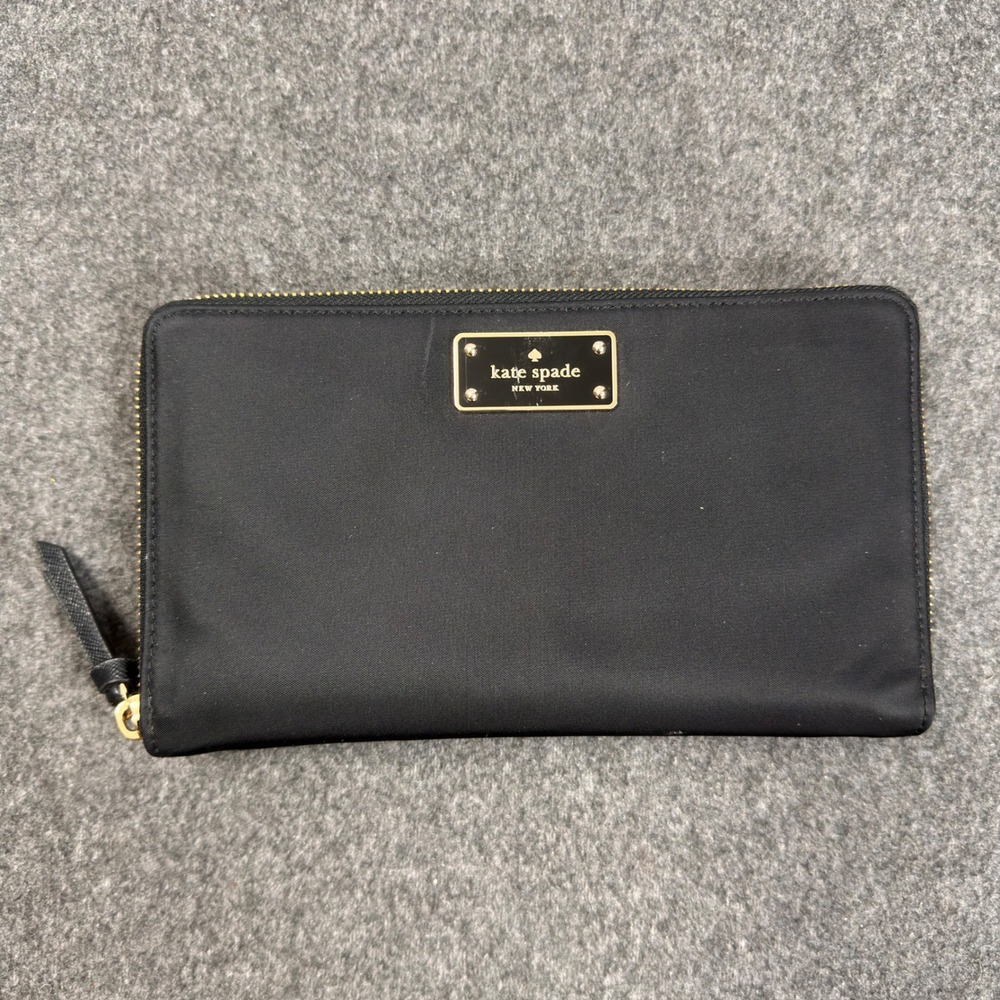 Kate Spade New York Black Nylon Zip Around Travel Wallet Organizer Gold Logo